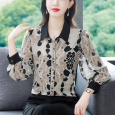 现货 实拍 2023春秋新款时尚减龄长袖印花气质大码衬衣洋气女小衫