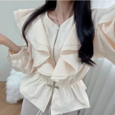 批发chic 韩版春季法式时尚简约荷叶边抽绳收腰短款风衣拉链夹克外套