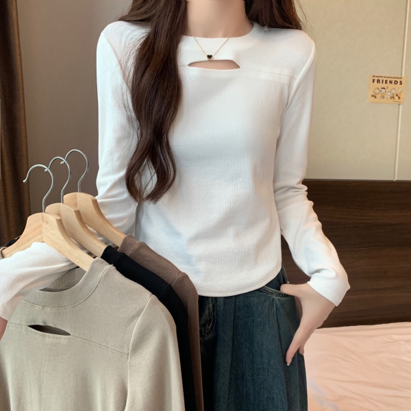 RM21737#大码女装设计感镂空长袖t恤修身打底衫
