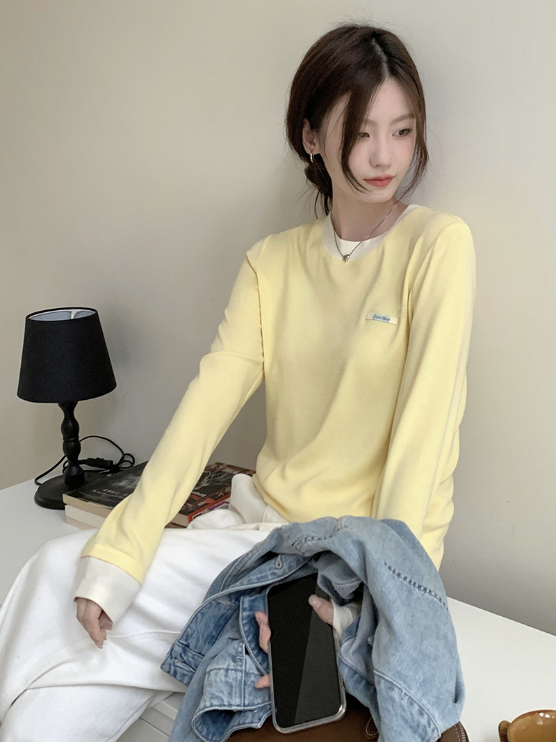 실사 정가 레트로 배색 기본 셔츠 여성 봄 페이크 레이어드 디자인 센스 캐주얼 긴팔 맨위