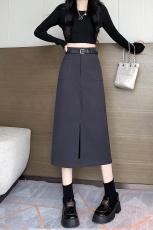 开叉一步工装裙灰色半身裙女秋冬中长款直筒包臀a字裙2023新款