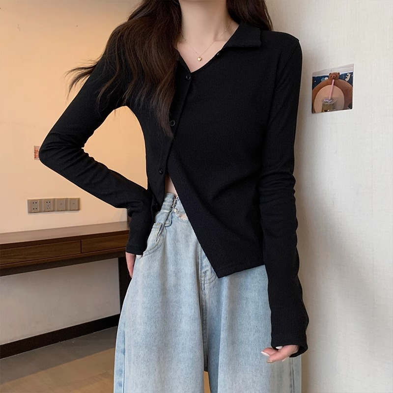 Official image polo collar long-sleeved T-shirt women's spring and autumn slit fork hot girls pure desire self-cultivation inner top design sense bottoming shirt