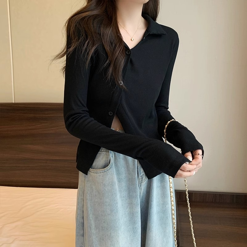 Official image polo collar long-sleeved T-shirt women's spring and autumn slit fork hot girls pure desire self-cultivation inner top design sense bottoming shirt