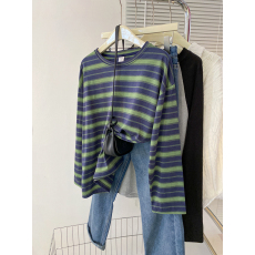 批发实拍条纹长袖t恤女春秋薄款2026新款韩版潮圆领上衣<b class='q'>大码</b>女装200斤