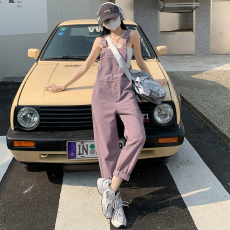 实拍现货暗紫色牛仔背带裤女2023秋新款百搭薄款设计感口袋连体裤