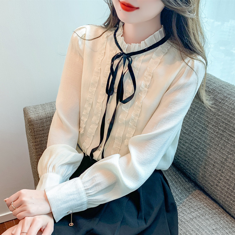 MY13478# 新款法式别致木耳边小香风丝绒蝴蝶结系带衬衫女女裝貨源服裝批發