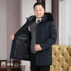 批发冬季新款白鸭绒加厚保暖连帽爸爸装中老年毛领羽绒服外套男