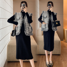 批发实拍~孕妇连衣裙秋冬加厚不规则马甲坎肩+连衣裙孕妇两件套装