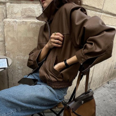 批发尺寸已更新  法式帅气翻领拉链宽松百搭BF风机车服皮衣外套