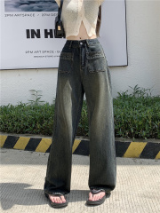 ~New vintage washed distressed straight wide-leg jeans high-waist slim floor-length trousers for women