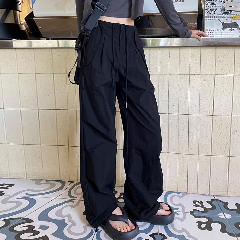 American retro wide-leg overalls 2024 new summer casual slim thin straight sports drawstring long pants for women