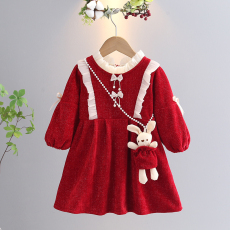 批发优质版有拉链秋<b class='q'>冬</b>新款儿童加绒洋气公主裙子女童红色喜庆连衣裙