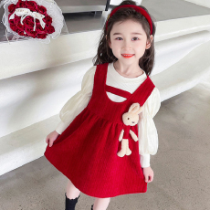 批发金丝绒女童2023新款泡泡袖长款裙子兔年喜庆女宝宝公主裙套装