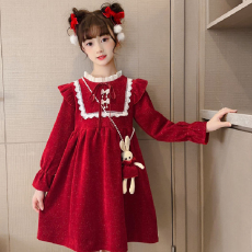 批发金丝绒2023中小童<b class='q'>冬</b>季连衣裙韩版女孩<b class='q'>冬</b>装公主裙洋气女宝宝裙子