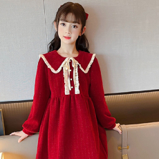 批发灯芯绒2023拜年服童装儿童红色连衣裙女宝宝洋气<b class='q'>冬</b>装礼服公主裙