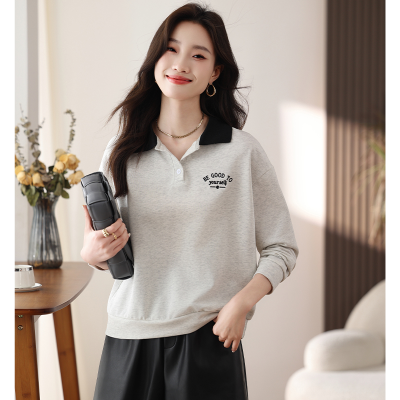 실사 작은 청신 학원 스타일 맨위 새로운 패치워크 색상 POLO 칼라 자수 연령 감소 후드티 여성