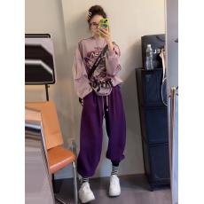 批发早秋新款时尚减龄韩系穿搭紫色两件套<b class='q'>女</b>印花设计感<b class='q'>卫衣</b>高腰阔腿<b class='q'>裤</b>
