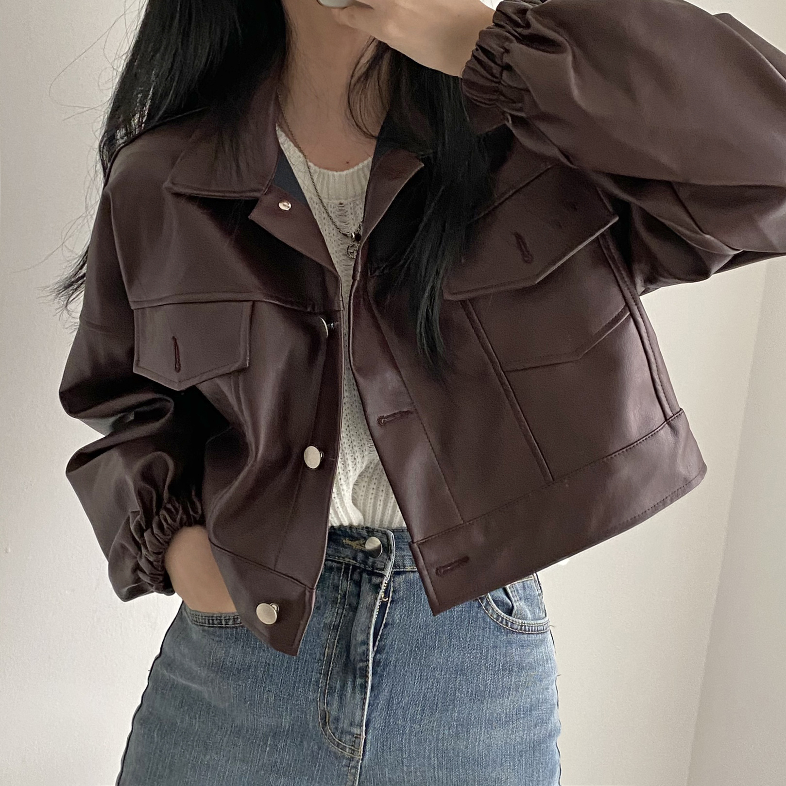 BY35672# 自留推荐高品质pu皮宽松夹克外套 服裝批發女裝批發服飾貨源