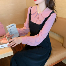 批发官图实价 法式秋冬设计感假两件<b class='q'>娃娃</b>领<b class='q'>连衣裙</b>女收腰显瘦长裙