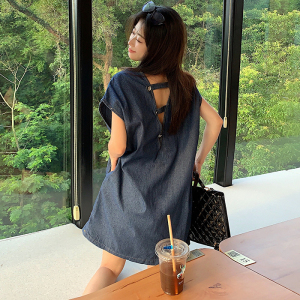 RM21903#大码宽松短袖牛仔裙子新款v领纯色中长款休闲显瘦连衣裙