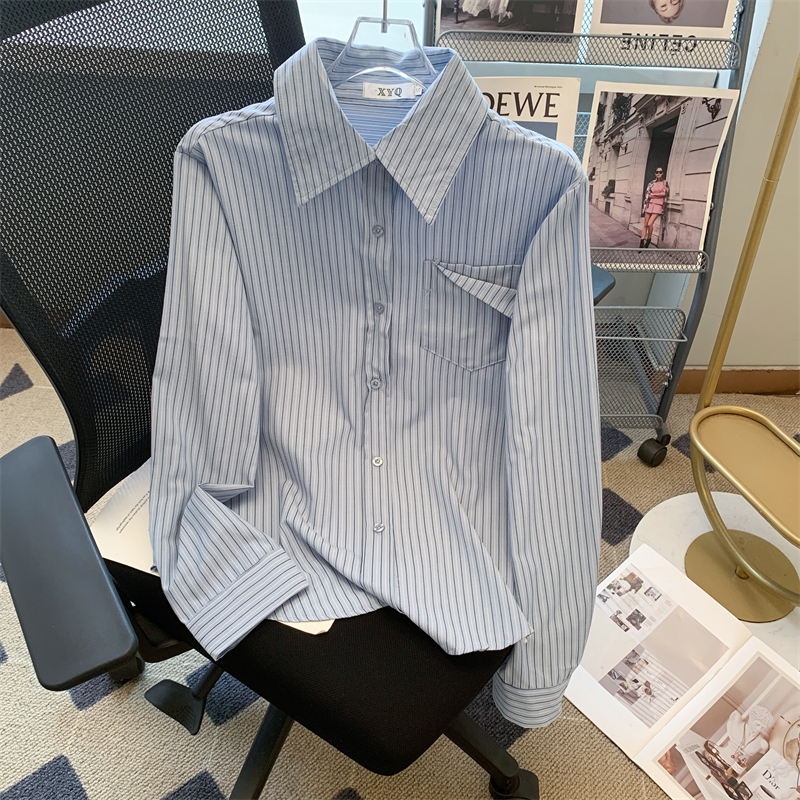 MY13993# 纯棉 条纹衬衫女长袖设计感小众复古上衣女裝貨源服裝批發