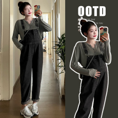 批发实拍 秋季新品上衣+韩版牛仔背带裤 孕妇套装