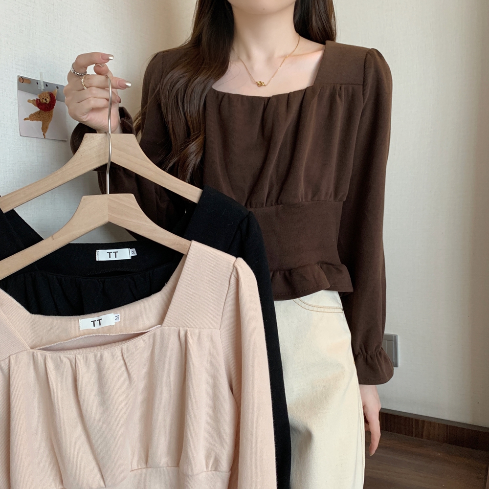 PF21723#方领长袖T恤设计感胖mm显瘦遮肚短款上衣M-4XL200斤女裝貨源服裝批女裝貨源服裝批發