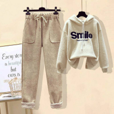 批发套装女加绒加厚学生宽松仿羊羔毛卫衣小个子秋<b class='q'>冬</b>季时尚套装两件套