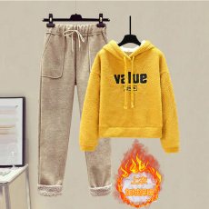 批发秋<b class='q'>冬</b>时尚套装女学生韩版宽松加绒加厚仿羊羔毛卫衣九分毛呢休闲裤