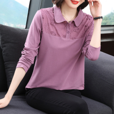 批发新款2026春<b class='q'>妈妈装</b>长袖女T恤简约翻领刺绣设计宽松显瘦拼接上衣