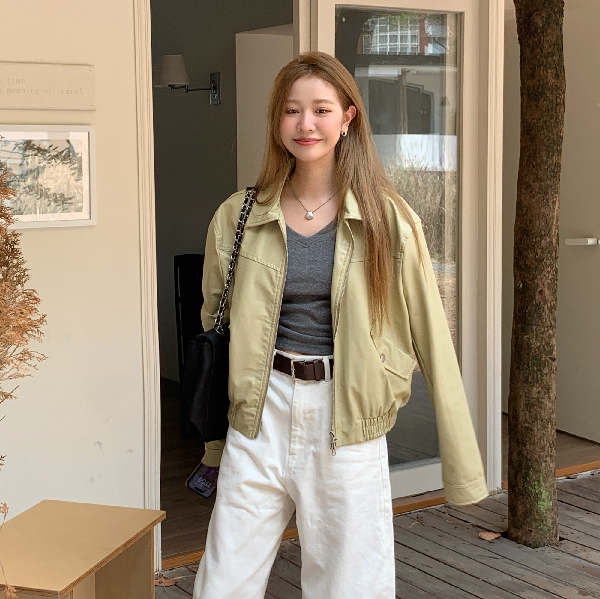Real shot Korean version sweet cool hottie American retro leather jacket PU leather jacket