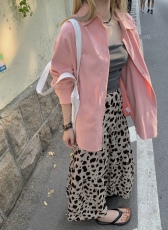 大码粉色长袖衬衫外套宽松韩版慵懒设计+小吊带高腰A字豹纹半身裙