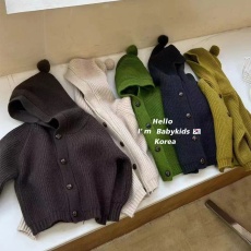 批发2024秋季新款男女童连帽可爱毛球外套儿童软糥毛衣韩国<b class='q'>春</b>秋开衫潮