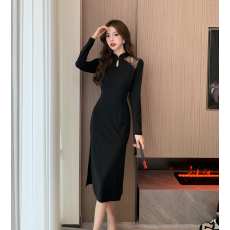 批发实拍 新款时尚修身显瘦改良中长款开叉拼接蕾丝旗袍<b class='q'>连衣裙</b>