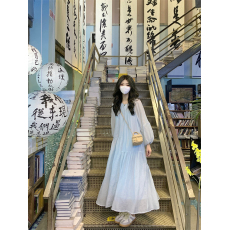 批发实拍实价#法式慵懒风不规则拼接长袖<b class='q'>连衣裙</b>宽松显瘦冰川蓝长裙女