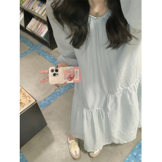 批发实拍实价#法式慵懒风不规则拼接长袖<b class='q'>连衣裙</b>宽松显瘦冰川蓝长裙女