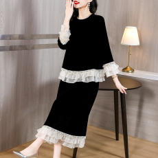 批发2025新秋款钉珠上衣拼接半身裙中式国风丝<b class='q'>绒套装</b>裙