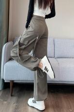 实拍现货美式工装裤女2023秋季新款设计感翻边高腰阔腿束脚运动裤