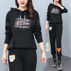批发实拍 秋季新款套装女 胖MM宽松拼接牛仔连帽印花卫衣长袖两件套