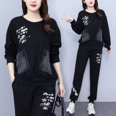 批发实拍 秋季套装女 时尚宽松拼接牛仔印花卫衣长袖两件套大码女装