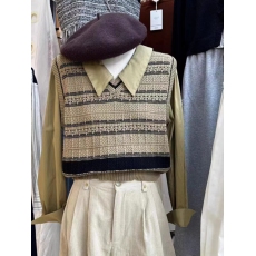 批发2026早秋韩版撞色条纹翻领套头设计感假两件拼接针织衬衫女