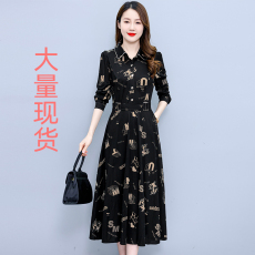 批发实拍衬衣领长袖印花<b class='q'>连衣裙</b>2026春装新款韩版修身中长裙女