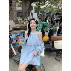 批发时尚超火盐系穿搭套装女露肩长袖连衣裙秋季高腰休闲短裤子两件套