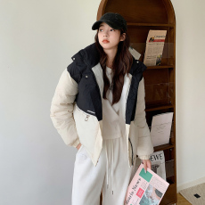 实拍 韩系短款羽绒棉服女2023设计感拼色面包服小个子棉衣外套