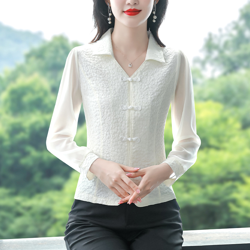 스팟 국가 바람 버클 쉬폰 셔츠 가을 의상 새로운 외국 가스 Chic 작은 셔츠 짧은 단락 연령 감소 긴 소매 맨위