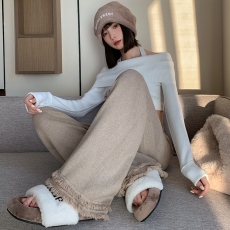 实拍！2023秋冬新款高腰遮肉显瘦抽绳针织流苏阔腿裤拖地裤女