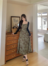 实拍赤茶玫瑰吊带连衣裙夏季大码女装2023新款气质复古绿长裙