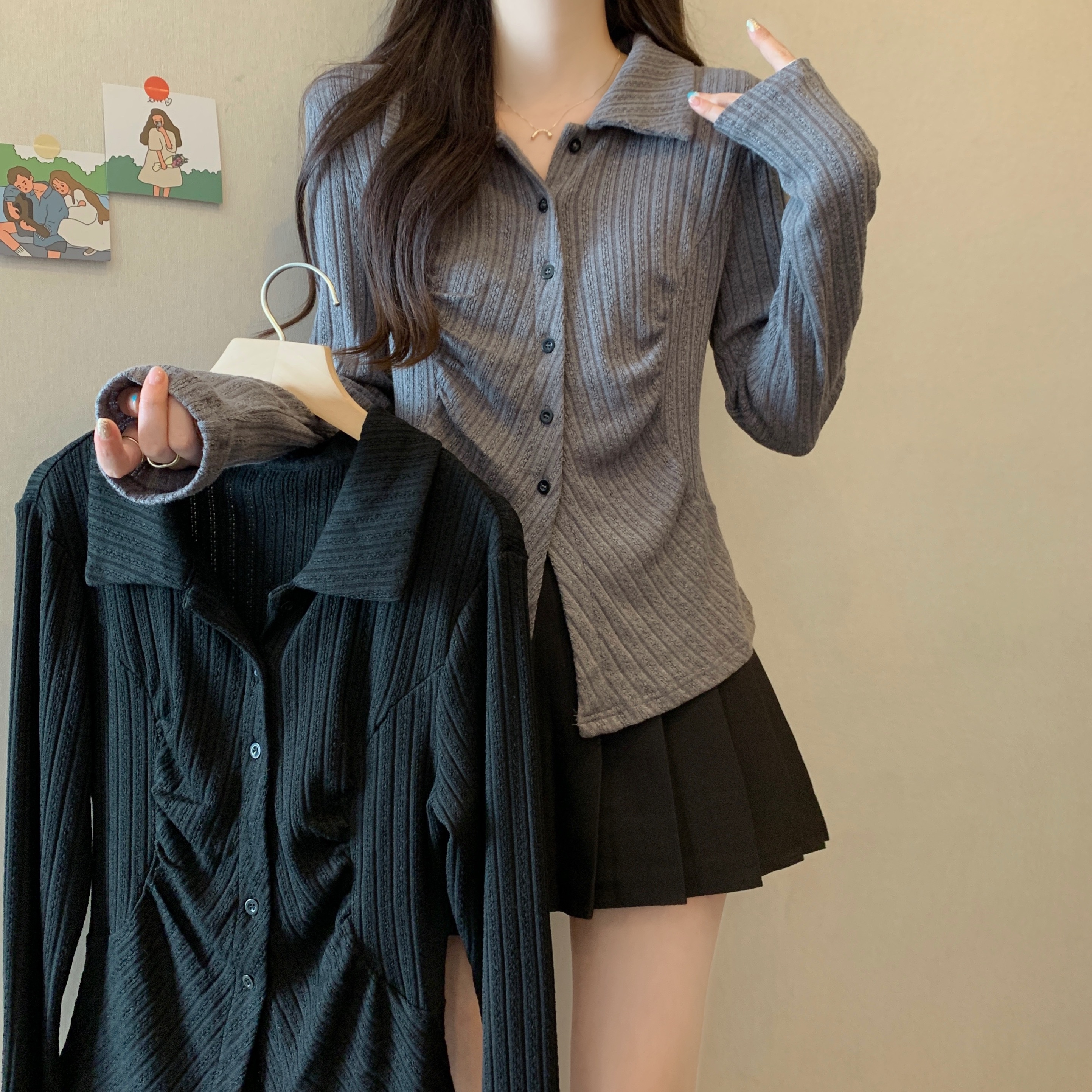 실사 통통한 여동생 빅 사이즈 여성 의류 가을 겨울 새로운 POLO 칼라 디자인 센스 작은 대중 몸매 가꾸기 긴팔 맨위 셔츠