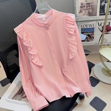 批发法式粉色木耳边天丝长袖衬衫女春季设计感小众立领复古<b class='q'>雪纺衫</b>上衣