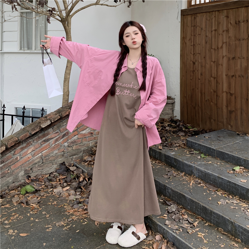 실사 빅 사이즈 여성 의류 지방 mm 봄 캐주얼 루즈핏 셔츠 재킷 만나는 슬립 표지 고기 점프 슈트 치마 세트